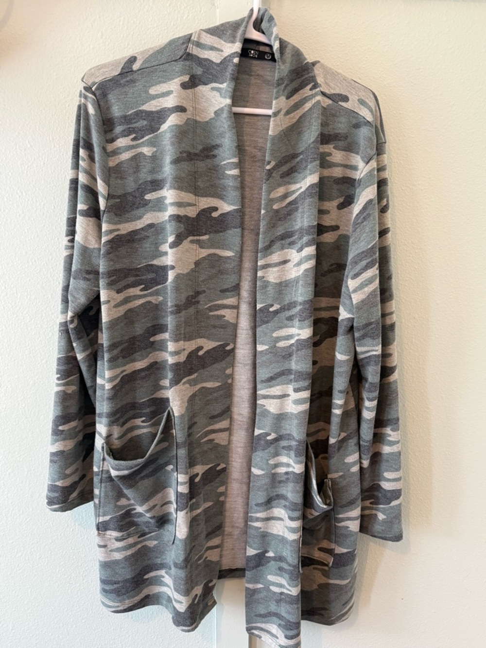 Open-Front Camo Cardigan in Gray - Women's Sweater